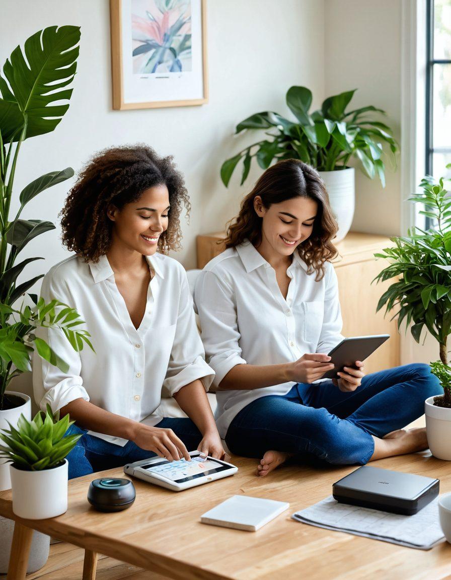 A serene workspace with a person happily using a tablet, showcasing various smart gadgets like a robotic vacuum, voice assistant speaker, and a digital calendar. Background features lush plants and a cozy ambiance, symbolizing ease and efficiency in daily life. Soft, inviting colors and gentle lighting to evoke a sense of comfort and convenience. super-realistic. vibrant colors.