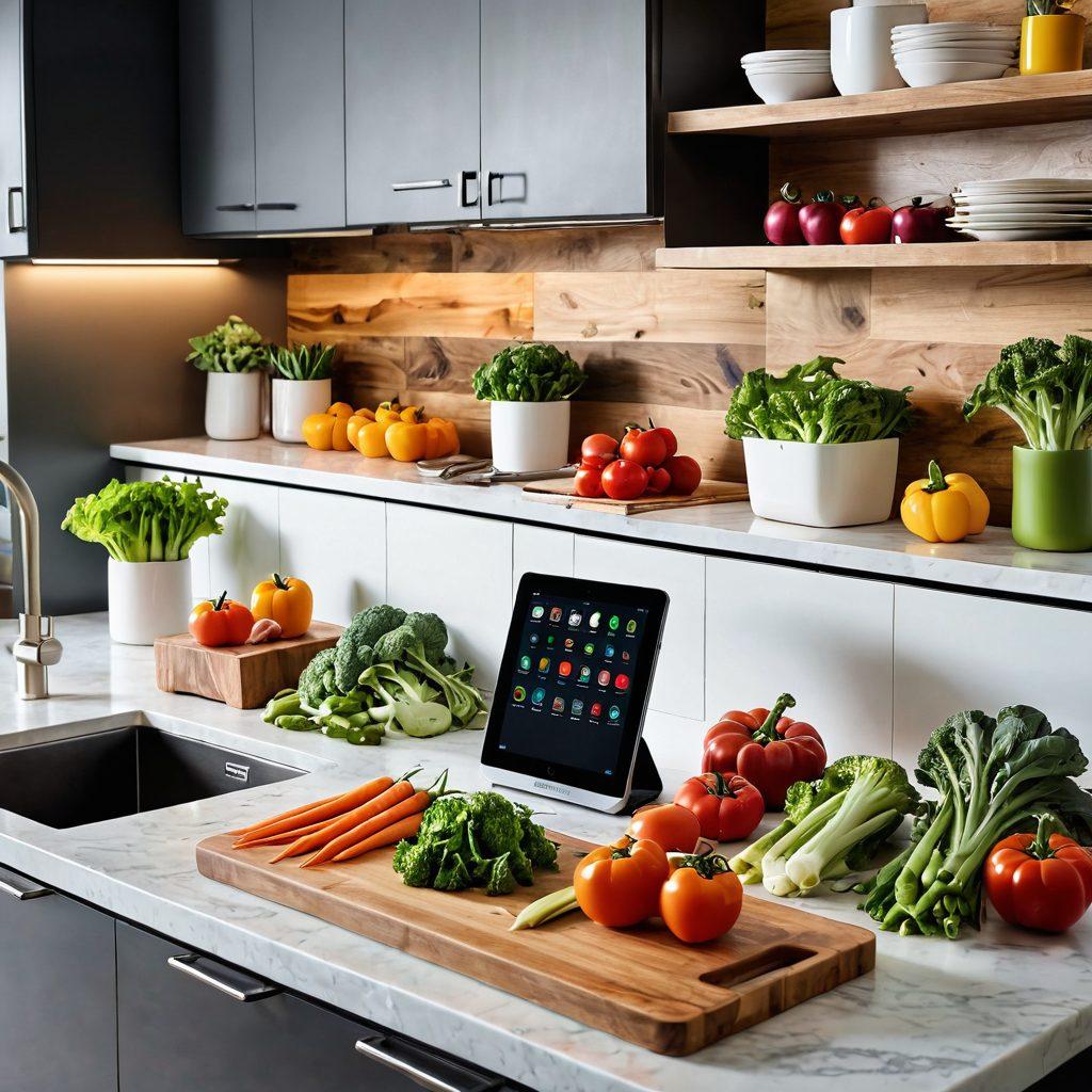 A modern, well-organized kitchen with various time-saving gadgets and tools on display, showcasing a person effortlessly chopping vegetables while a smart assistant device helps with cooking instructions. Visual elements should include bright lighting, a clean countertop, and a subtle hint of technology, like a smartphone or tablet in the background. super-realistic. vibrant colors. warm tones.