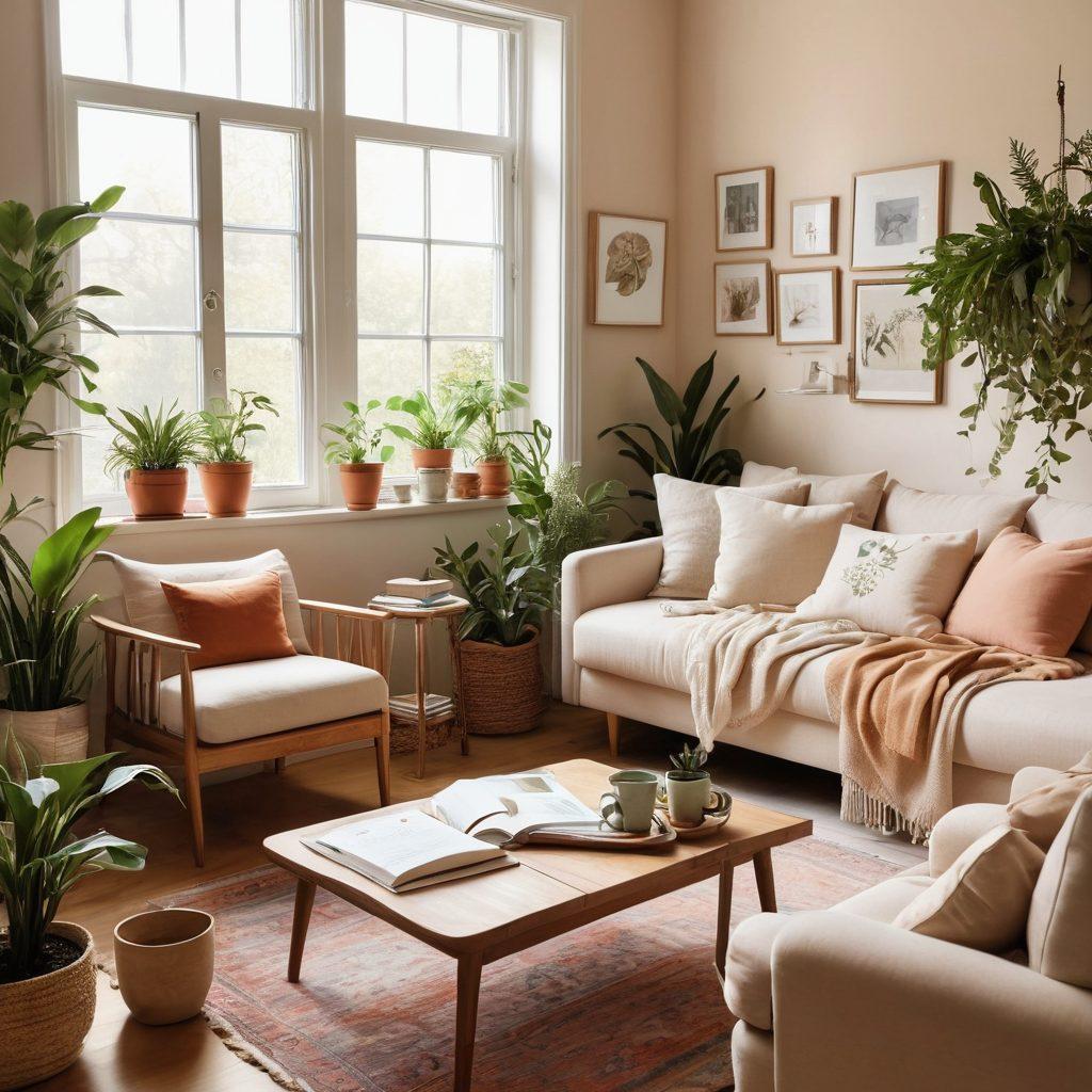 A serene and inviting living space with soft colors, filled with plants and cozy furniture. A person is effortlessly organizing their day with a cheerful smile, surrounded by creative organization tools and a warm cup of tea. Natural light pours in from a window, highlighting a harmonious atmosphere. Include elements like a journal, a vision board, and calming decor. super-realistic. vibrant colors. cozy atmosphere.